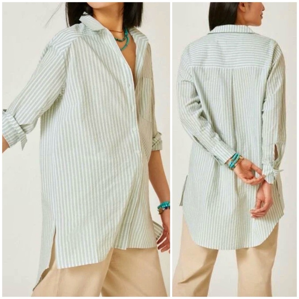Anthropologie Medium Green Striped Seersucker Buttondown Oversized Tunic Top